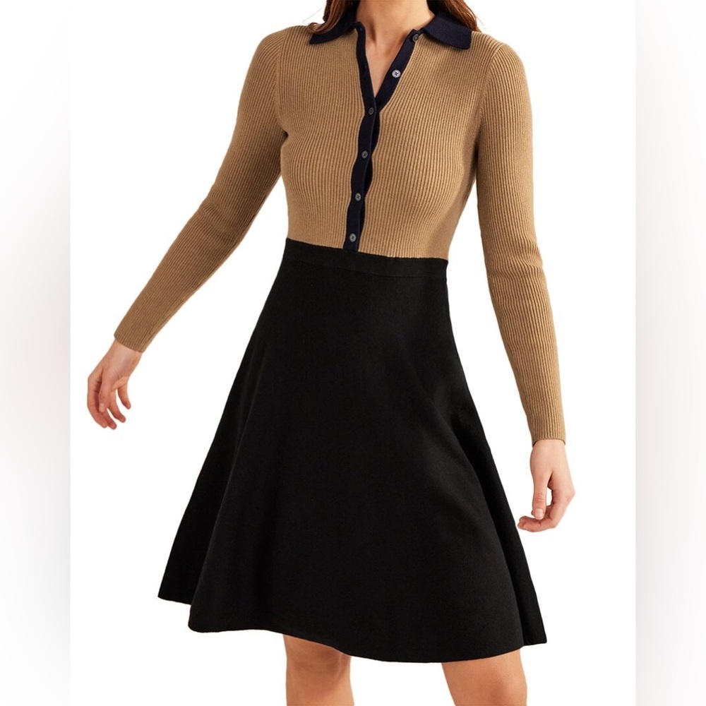 BODEN
Rib Knit Wool-blend Mini Dress In Black, Camel Colorblock Size 14